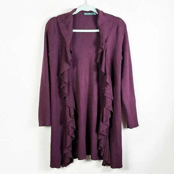 Lauren Ralph Lauren Sweater Ruffle Open Front Cardigan Maroon size M - Picture 1 of 8